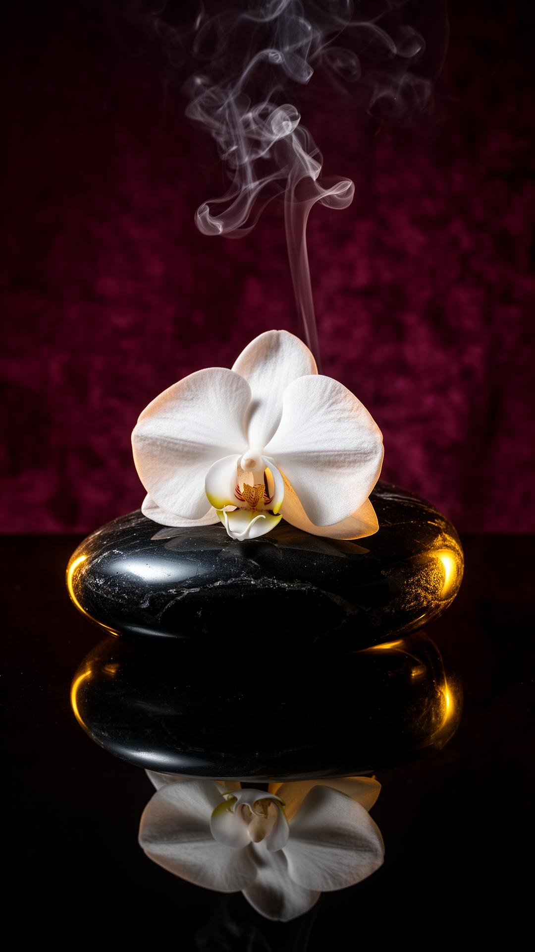 Editorial still life: a white orchid resting on polished obsidian with rising incense smoke