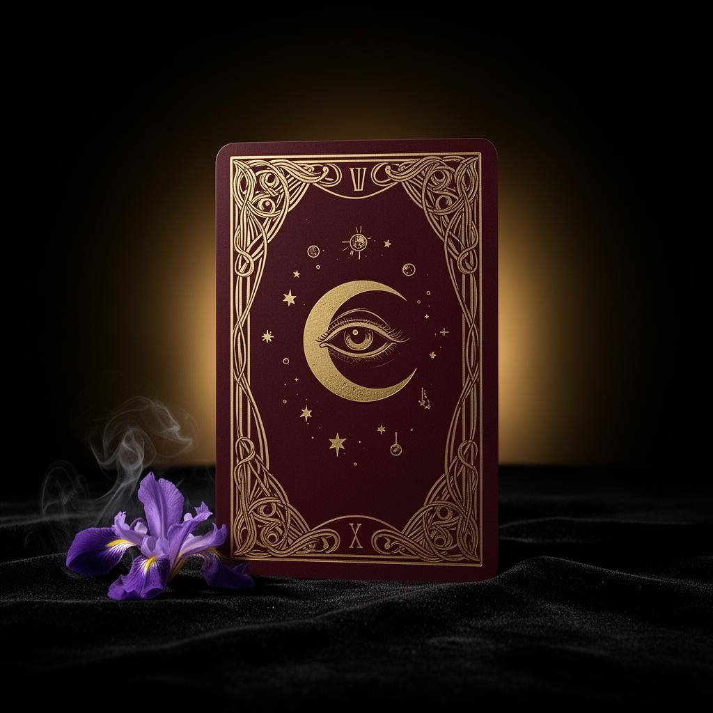 An ornate tarot card with gold filigree on burgundy